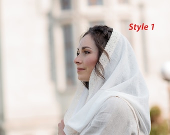 Ivory Infinity Veil for Mass, Simple Linen Veil Decorated With