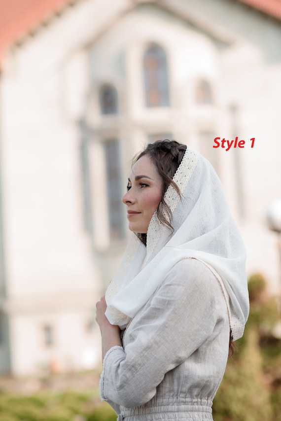 Ivory Infinity Veil for Mass, Simple Linen Veil Decorated With
