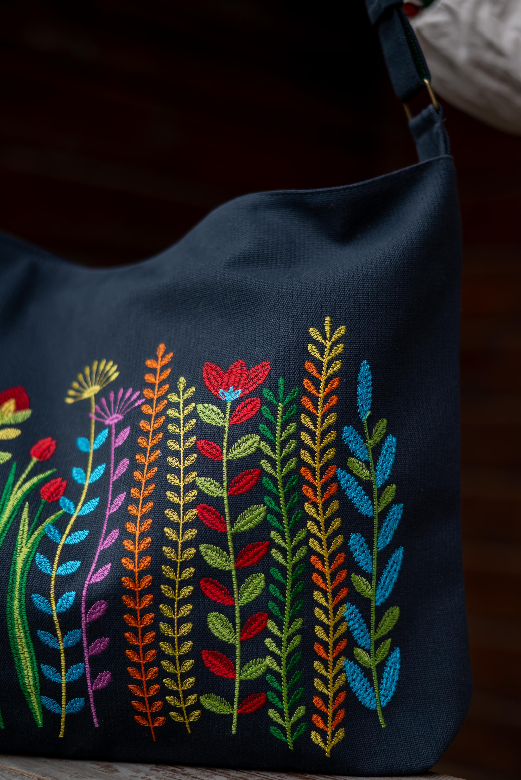 Linen Shoulder Bag, Boho Cross Body Bag, Botanical Embroidered Bag