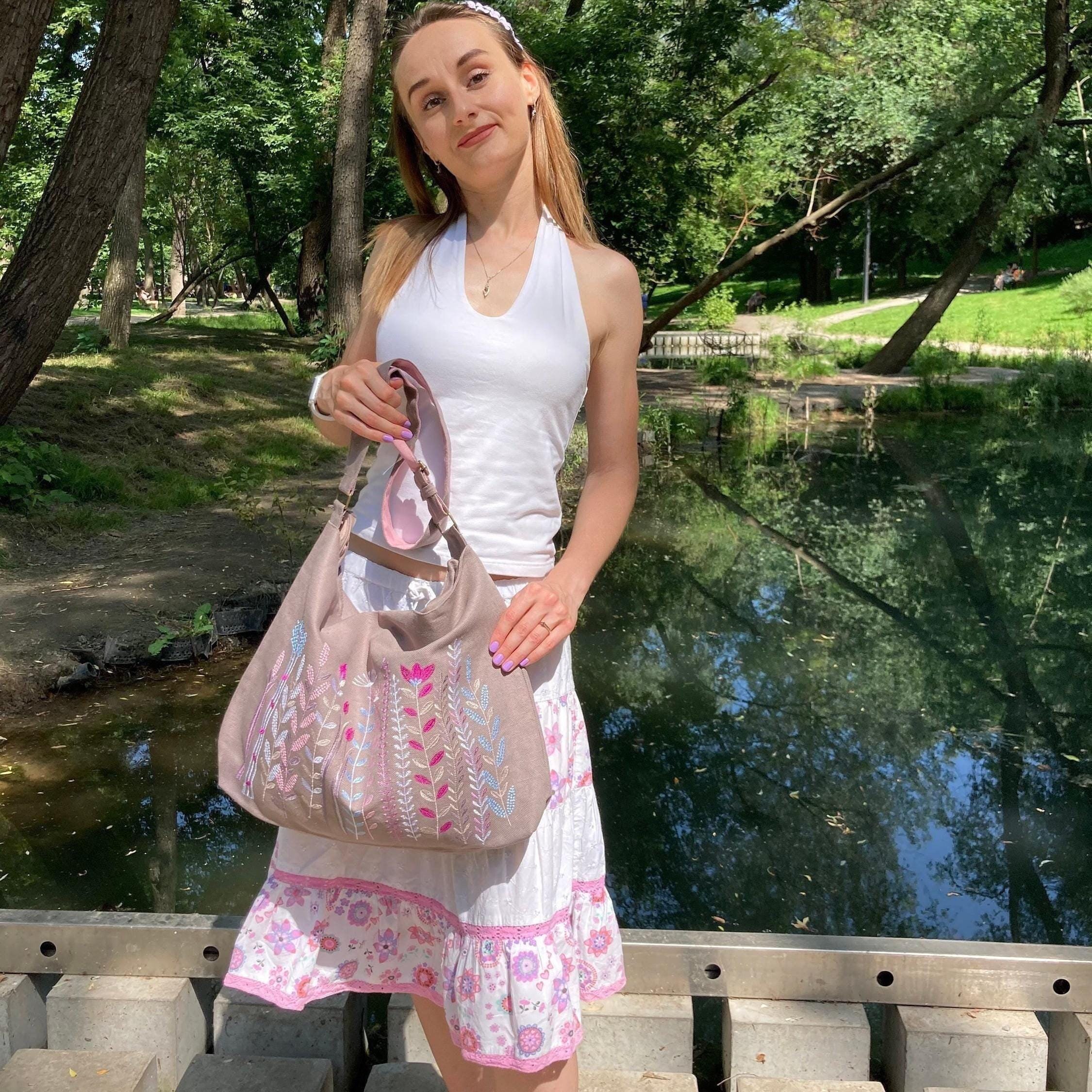 Linen Shoulder Bag, Boho Cross Body Bag, Botanical Embroidered Bag