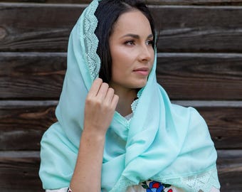 Green infinity veil for church, Orthodox christian veil, Orthodox head covering, Traditional catholic infinity mantilla, Green lace veil