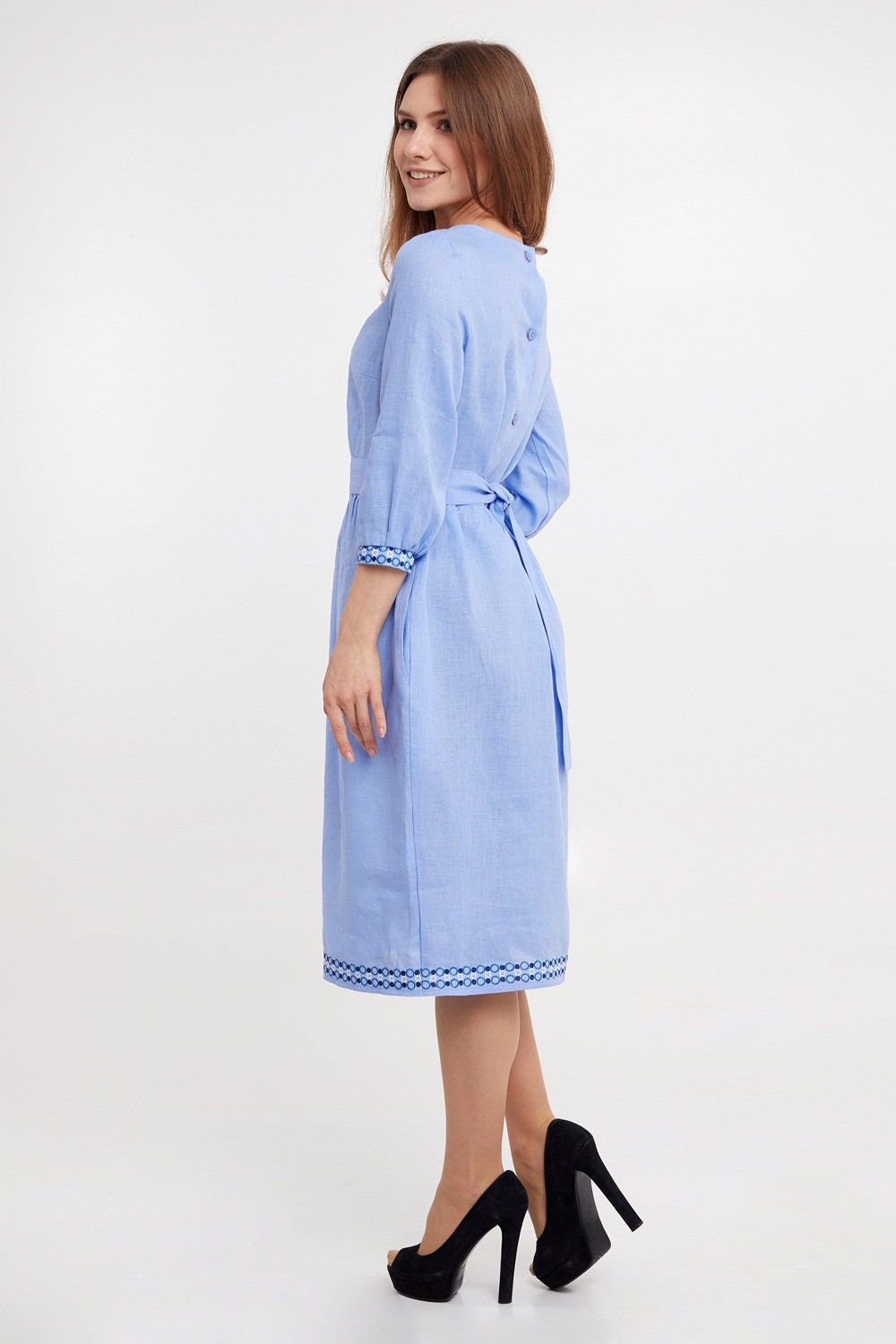 Sky blue linen dress Wedding guest dress Embroidered linen | Etsy