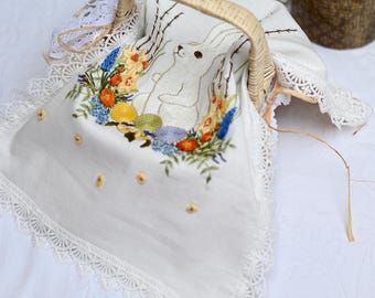 Orthodox Easter basket cover, Easter bunny embroidery, Handmade embroidered cover, Linen pascha basket cover, Easter gift, Lace table napkin