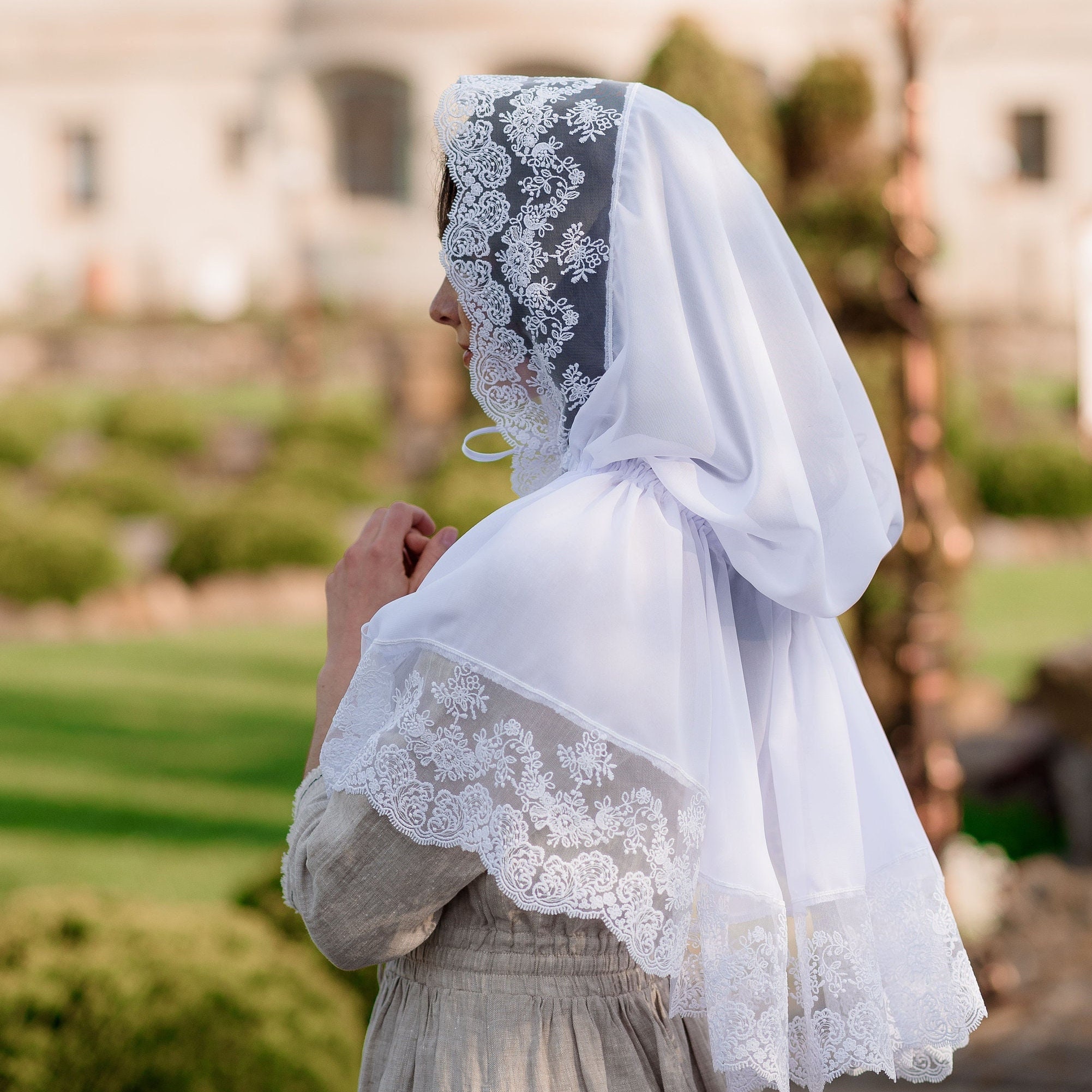 Flower Lace Veil Hooded Mantilla, Orthodox Christian Head  display picture 3