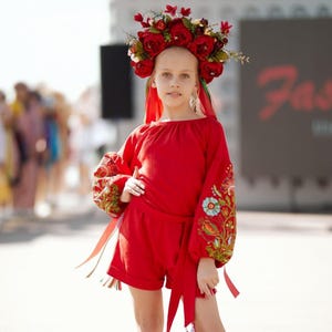 Kids linen jumpsuit, Girl&#39;s linen romper, Embroidered linen overalls, Red linen jumpsuit for a girl, Gift for baby, Birthday gifts