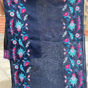 Embroidered linen scarf women, Floral embroidery linen scarf, Navy linen scarf, Wide long scarf with flowers, Lightweight summer shawls 画像 5