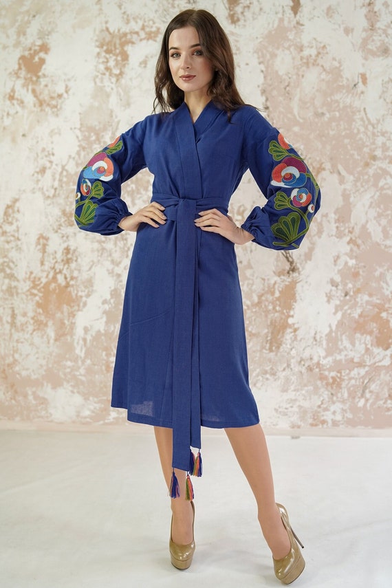 Linen Wrap Midi Dress Linen Cottagecore Dress Embroidered | Etsy