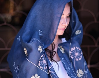 Blue embroidered linen shawl, Floral linen wrap, Lightweight botanical scarf, Elegant women's shawl, Ukrainian embroidered linen stole