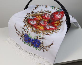 Beaded Orthodox Easter basket cover with Ukrainian Pysanky eggs embroidery, Traditional Paschal basket cover, Handmade embroidery with beads