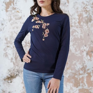 Cherry blossom t shirt long sleeve, Women&#39;s t shirt flower embroidered tshirt women, Floral top, Japanese embroidery blouses for women