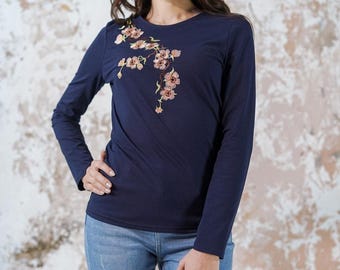 Cherry blossom t shirt long sleeve, Women's t shirt flower embroidered tshirt women, Floral top, Japanese embroidery blouses for women