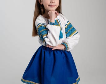 Girl embroidered folk costume, Baby girl folk outfit, Toddler ethnic outfit, Children's national costume, Blue ukrainian costume for girls