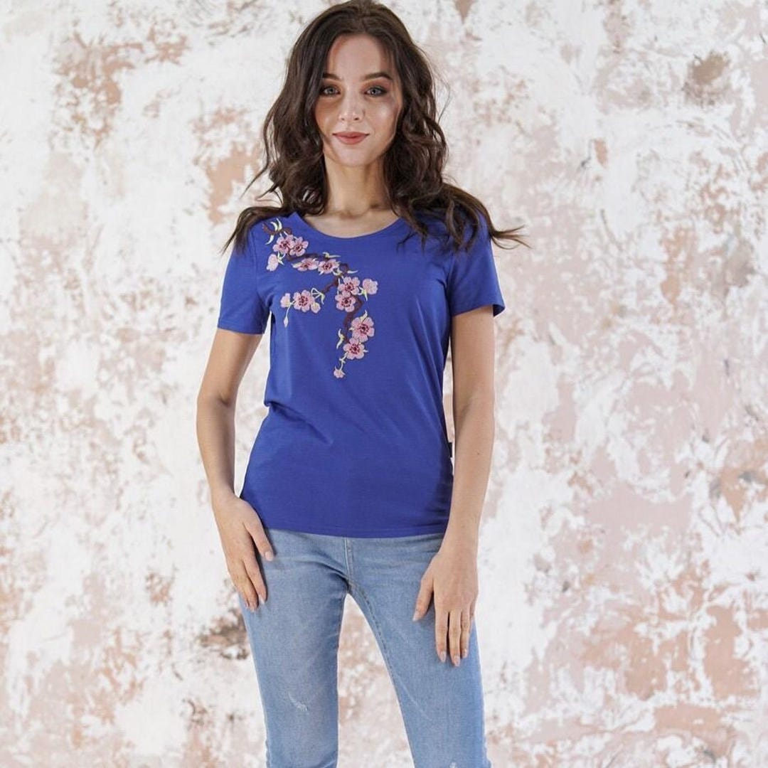 Cherry Blossom Embroidered T-shirts Women, Sakura T-shirt