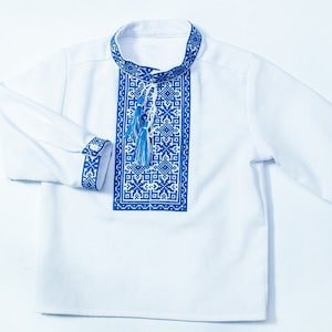 Blue embroidery shirt for baby boy, Long sleeve cotton vyshyvanka for kids, Embroidered ukrainian shirt, Traditional ukrainian shirt