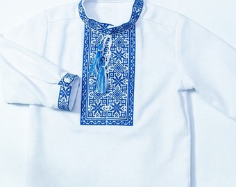 Blue embroidery shirt for baby boy, Long sleeve cotton vyshyvanka for kids, Embroidered ukrainian shirt, Traditional ukrainian shirt