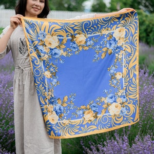 Ukrainian floral scarf, Ukrainian flag shawl in yellow & blue, Ukrainian accessory present for her, Vintage ukrainian gift for friends