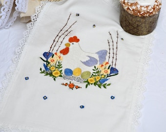 Hen easter embroidery linen napkin, Handmade Easter basket cover, Lace embroidered Easter towel, Easter gift, Ukrainian unique embroidery