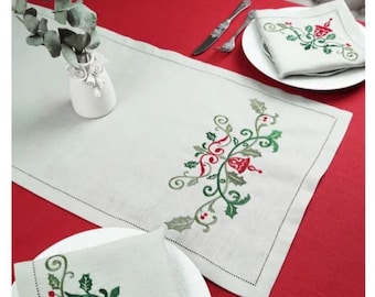Embroidered Christmas table runner with holly leaves, red berries and bell, Holiday table decoration, Winter home décor, Christmas gift