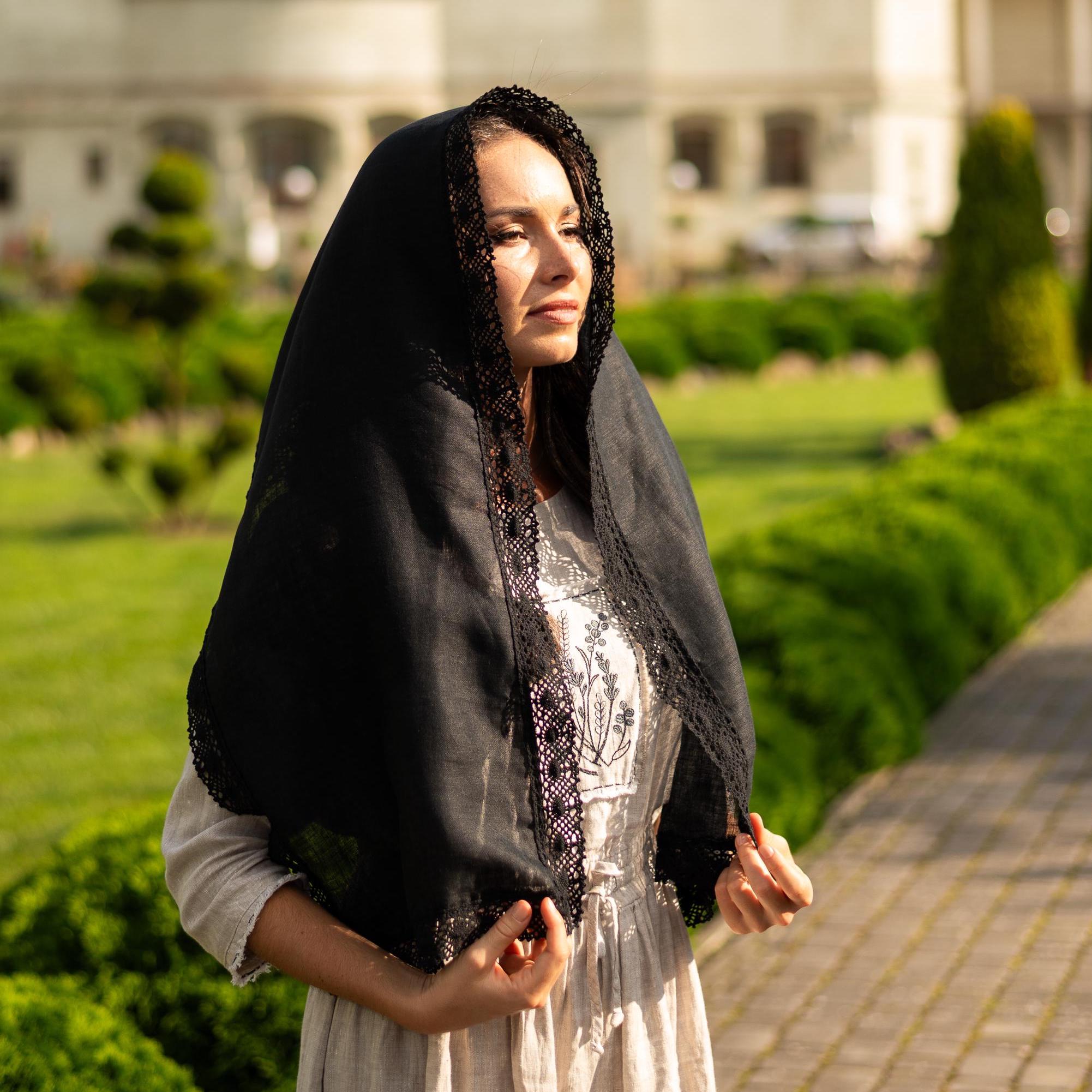 Black Linen Scarf, Christian Head Scarf for Women, Black Religious
