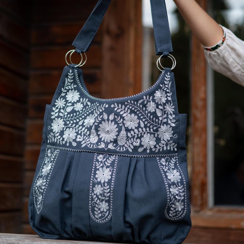 Women large purse, Boho shoulder bag, Extra large tote bag with floral embroidery, Embroidered purses and bags, Work bag for women, Gift bag Dark gray