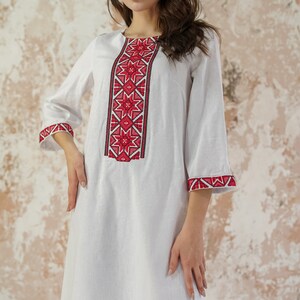 Hemp dress,White Linen Embroidered Dress,Ukrainian Slavic Dress,Romanian dress,Folk dress,Ethnic dress,Vyshyvanka,Plus size clothing image 2