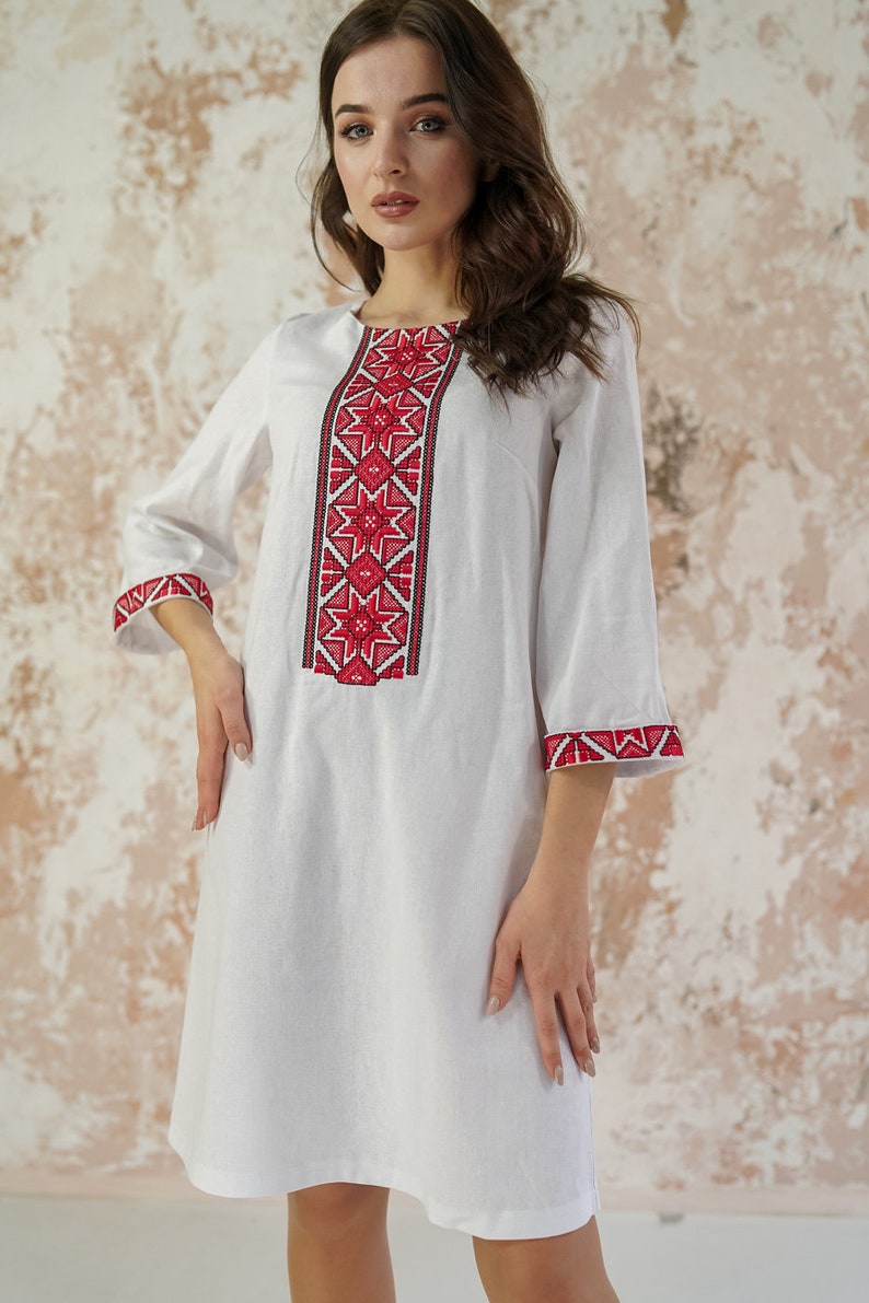 Hemp dress,White Linen Embroidered Dress,Ukrainian Slavic Dress,Romanian dress,Folk dress,Ethnic dress,Vyshyvanka,Plus size clothing image 2