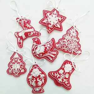 Scandi Style Christmas Decor, Handmade felt Christmas ornaments, Embroidered Christmas hanging ornament, Xmas Gift, Red and white decoration