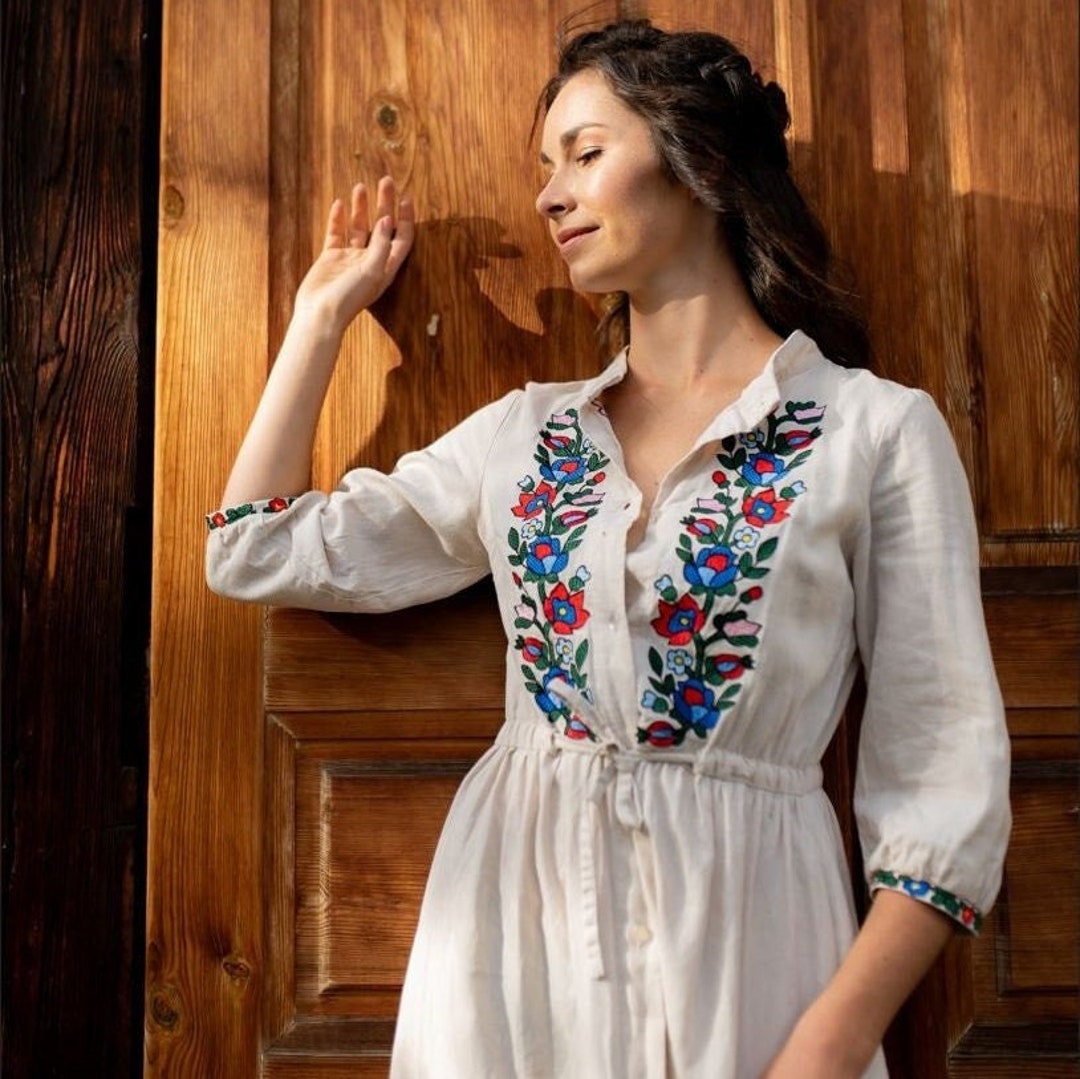 Embroidered Midi Dress, Linen Floral Dress, Ukrainian Vyshyvanka