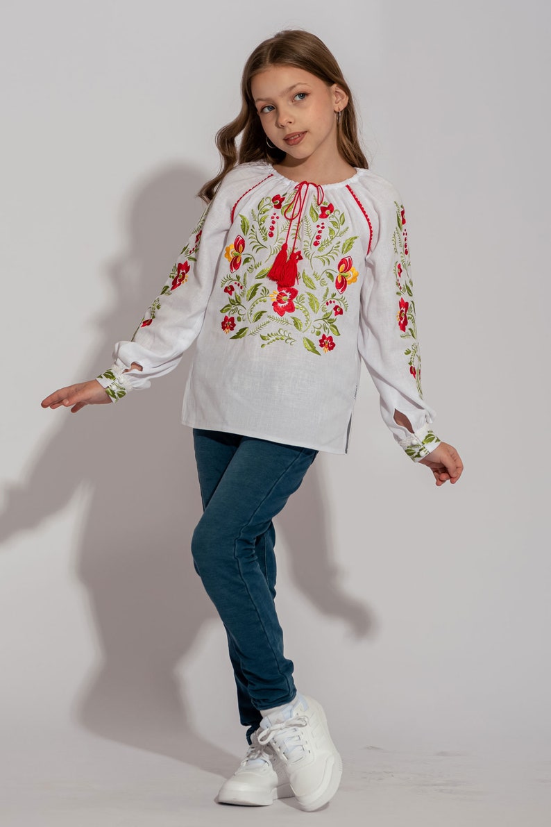 Girl peasant vyshyvanka blouse, Ukrainian linen shirt for kids, Embroidered blouse for girls, Festive top with long sleeves, Birthday gift zdjęcie 7