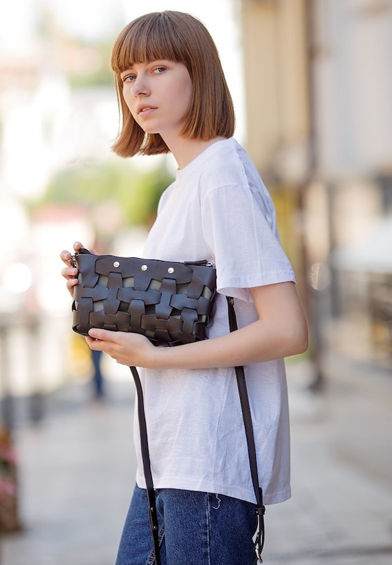  Black Woven Leather Crossbody Bag