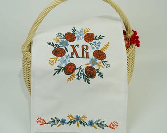 Easter floral basket cover, Easter towel, Easter wreath flowers napkin for Easter table decor, Hemstitched ukrainian pascha basket cover