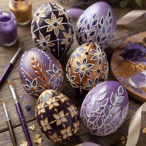 Puede incluir: Una colección de huevos de Pascua intrincadamente decorados en varios tonos de morado, dorado y blanco. Los huevos presentan patrones florales y de hojas, con pinceles, botes de pintura y una paleta cerca, lo que sugiere un proyecto de artesanía.