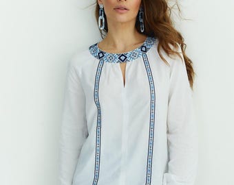 Blue embroidered viscose shirt, Women's ethnic top, Folk blouse with long sleeves, Boho shirt with geometric embroidery, Ukrainian blouse