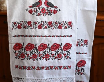 Ukrainian wedding rushnyk, Embroidered linen ritual towel, Traditional wedding Cloth with red roses & birds, Ukrainian heritage decor