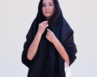 Black linen mantilla veil, Large head covering for women, Black linen head scarf, Black prayer scarf for women, Funeral shawl, Catholic veil
