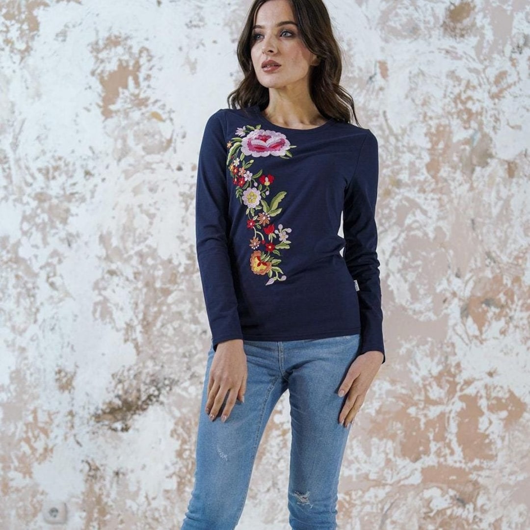 Floral Embroidered T Shirts for Women, Long Sleeve Flower Tee, Botanical Embroidery Blouse,wild Flower T-shirt,mexican Navy Bohemian Tee Top - Etsy Floral Embroidered T Shirts for Women, Long Sleeve Flower Tee, Botanical Embroidery Blouse,wild Flower T-shirt,mexican Navy Bohemian Tee Top - Etsy