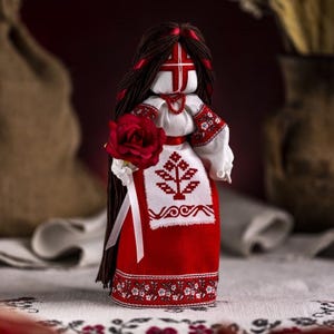 Art doll amulet, Motanka Guardian doll, Ukrainian handmade doll for home decor, Wedding gift, Hand made doll on a wooden stand, Ukraine gift