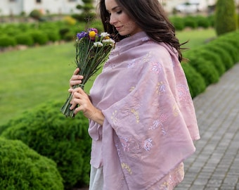 Pale pink linen scarf with floral embroidery, Lightweight blush wedding guest shawl for women, Oversized scarves, Pure flax shawl, Pink wrap