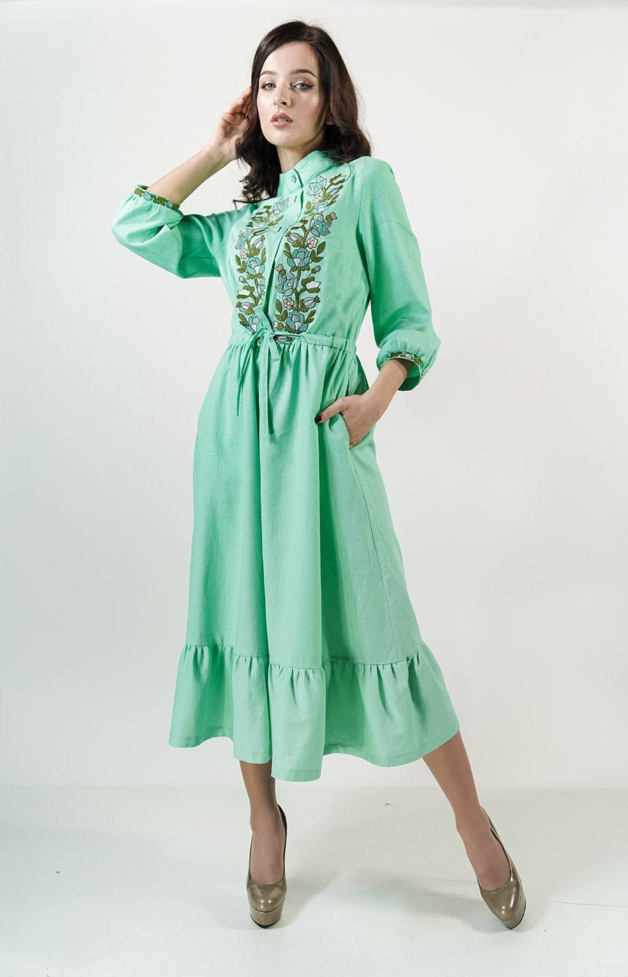 Mint Green Dress Women, Ruffle Linen Dress, Retro Linen Dress, Floral  Embroidered Dress, Wedding Guest Dress, Button Down Dress With Pockets -  Etsy