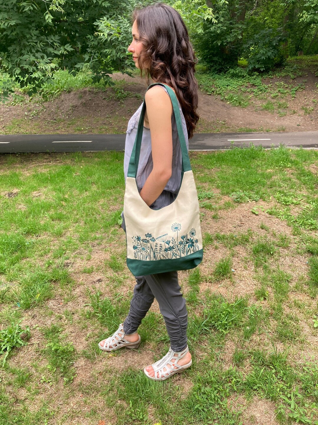 Hemp Bag, Floral Hobo Bag, Boho Bag, Fabric Hippie Purse, Linen Sling