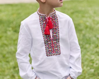 Kids Vyshyvanka, Boys ukrainian embroidered shirt, White cotton folk shirt for boys, Traditional embroidery shirt, Ukrainian Costume