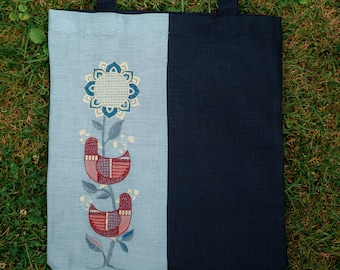 Floral embroidered tote bag, Christmas gift, Linen shoulder bag for women, Colorful shoulder bag, Navy linen bag with birds embroidery