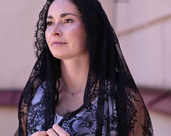 Black lace Orthodox head scarf, Catholic mantilla veil, Funeral & Mourning chapel veil, Long church head covering