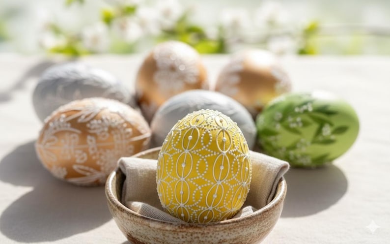 Set of 6 hand-painted Easter eggs in soft pastel green, grey, yellow and beige tones with white botanical line art, gold details and pearl dots