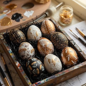 Hand-painted wooden Easter eggs set, Black, white & gold botanical design, Decorative botanical easter eggs, Easter table decor