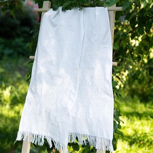 White wedding rushnyk towel with white embroidery, Traditional slavic embroidered towel with flowers and birds, Ukrainian wedding towel
