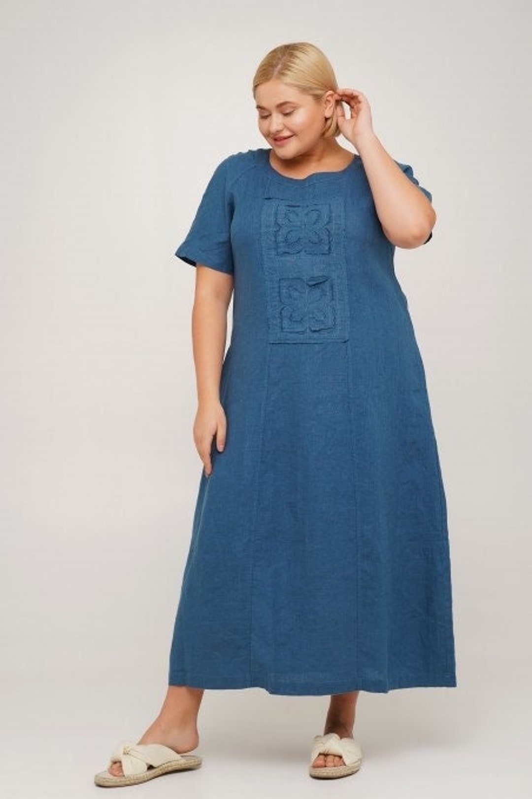 Blue Plus Size Linen Dresses for Women, Summer Linen Dress, Blue Linen Dress, Loose Linen Dress