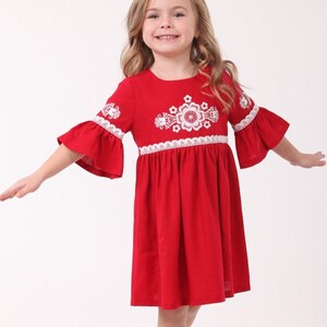 Girl&#39;s red linen dress, Ruffle sleeve dress, Embroidered linen dress for toddler,Flower girl dress boho,Girls spring dress,Girl summer dress