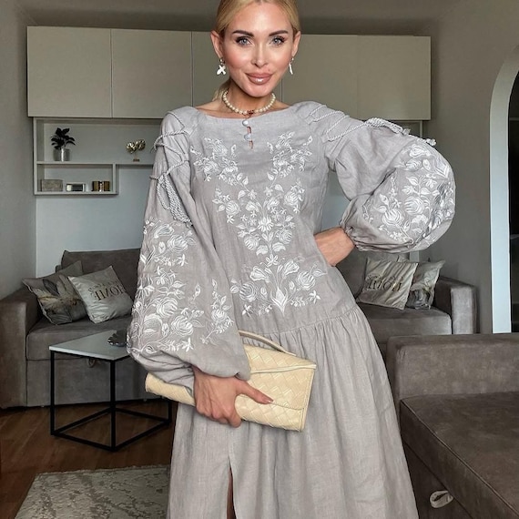 Linen Peasant Dress, Boho Embroidered Linen Dress in Grey, Puff Sleeve Folk  Midi Dress, Cottagecore Peasant Dress, Ukrainian Vyshyvanka - Etsy New  Zealand