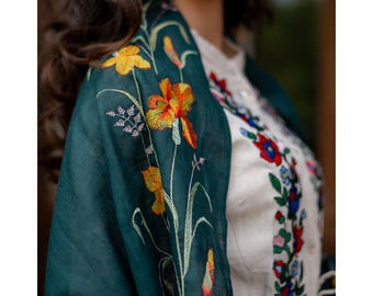 Embroidered linen shawl green, Floral linen scarf for women, Womens shawl for spring, Summer scarf, Moss green shawl with flowers, Gifts